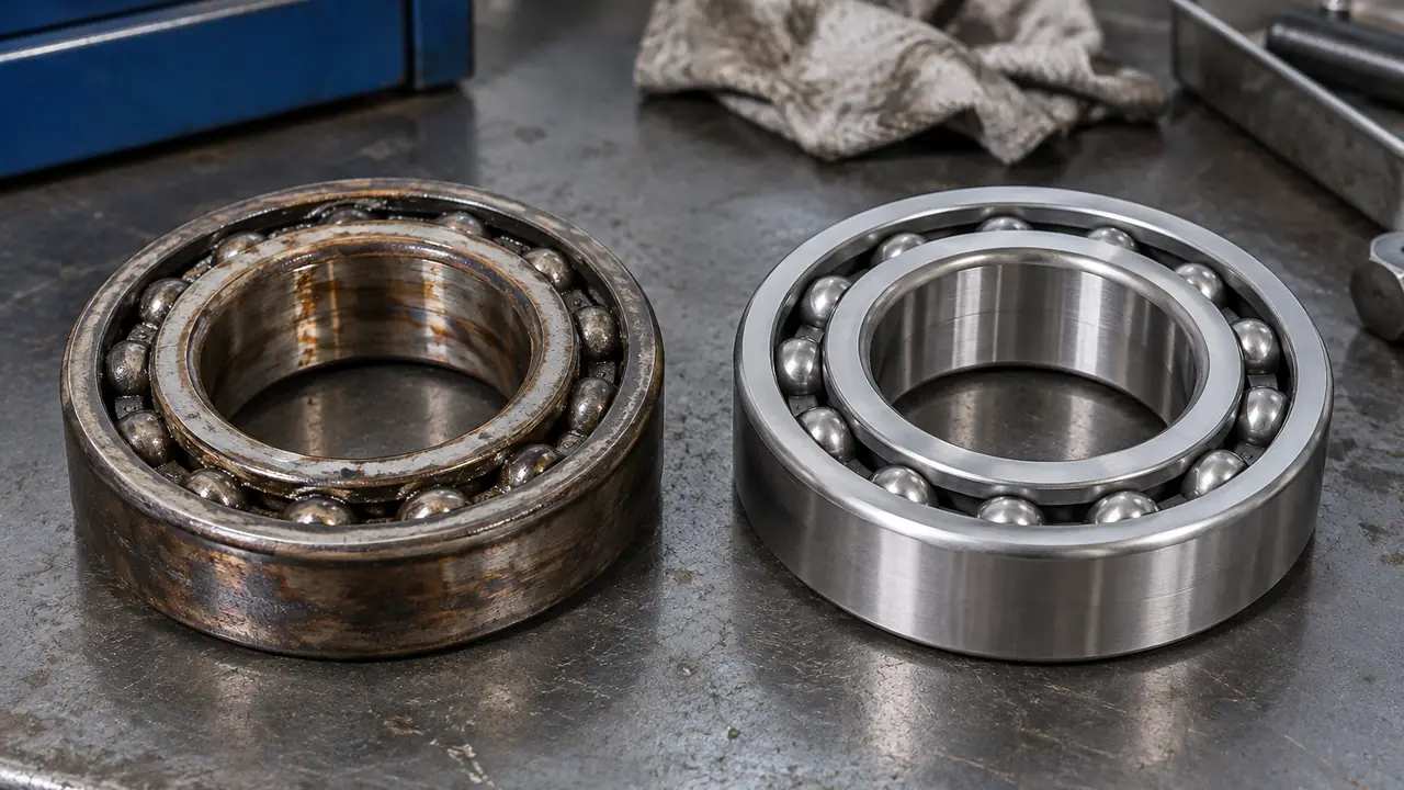 Engineer reviewing a bearing sourcing program with sample bearings, inspection reports and a shipping plan on a desk