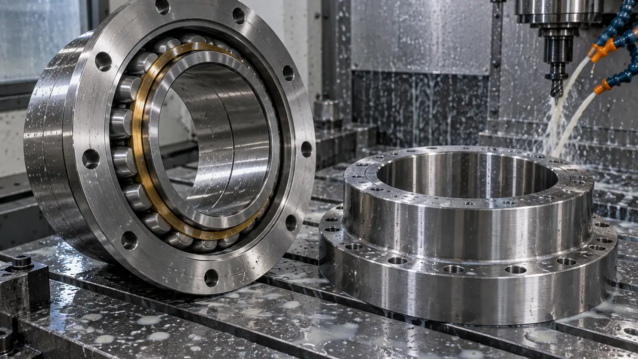 Custom bearing drawing beside a flanged outer ring bearing sample and measuring tools on an engineering bench