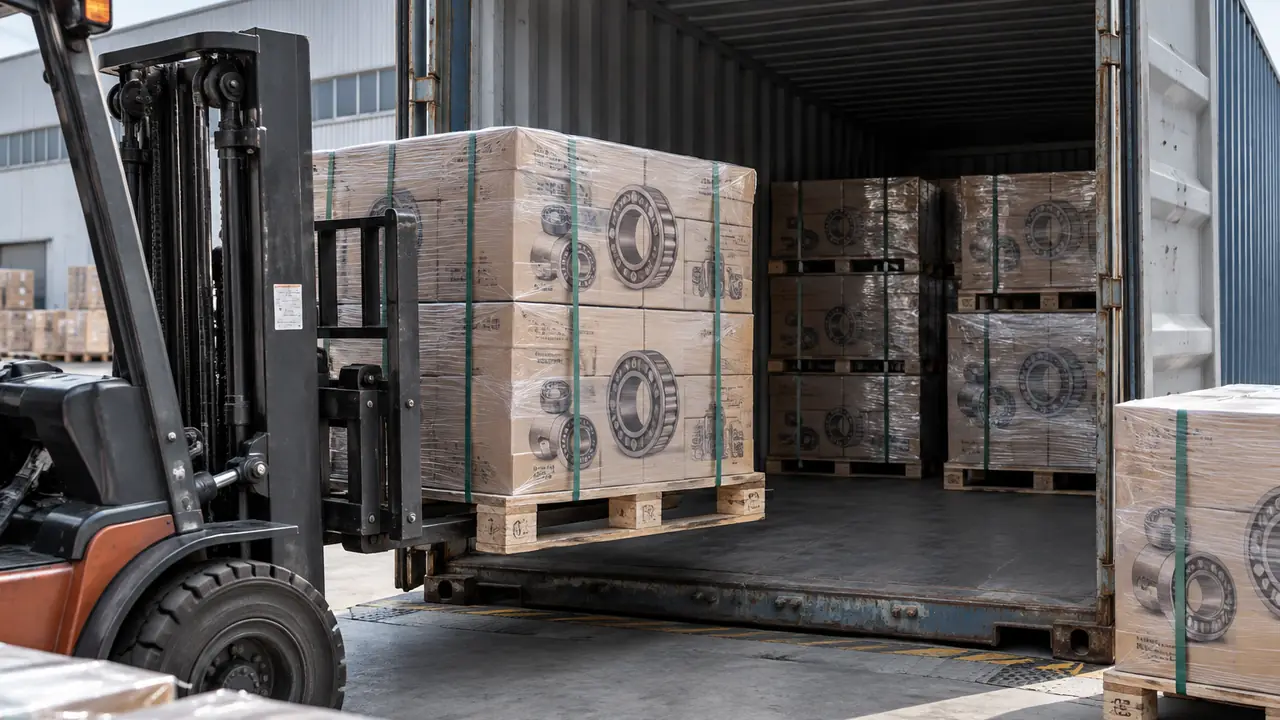 Palletised bearing cartons loaded into a sea container at a port with export documents on a clipboard