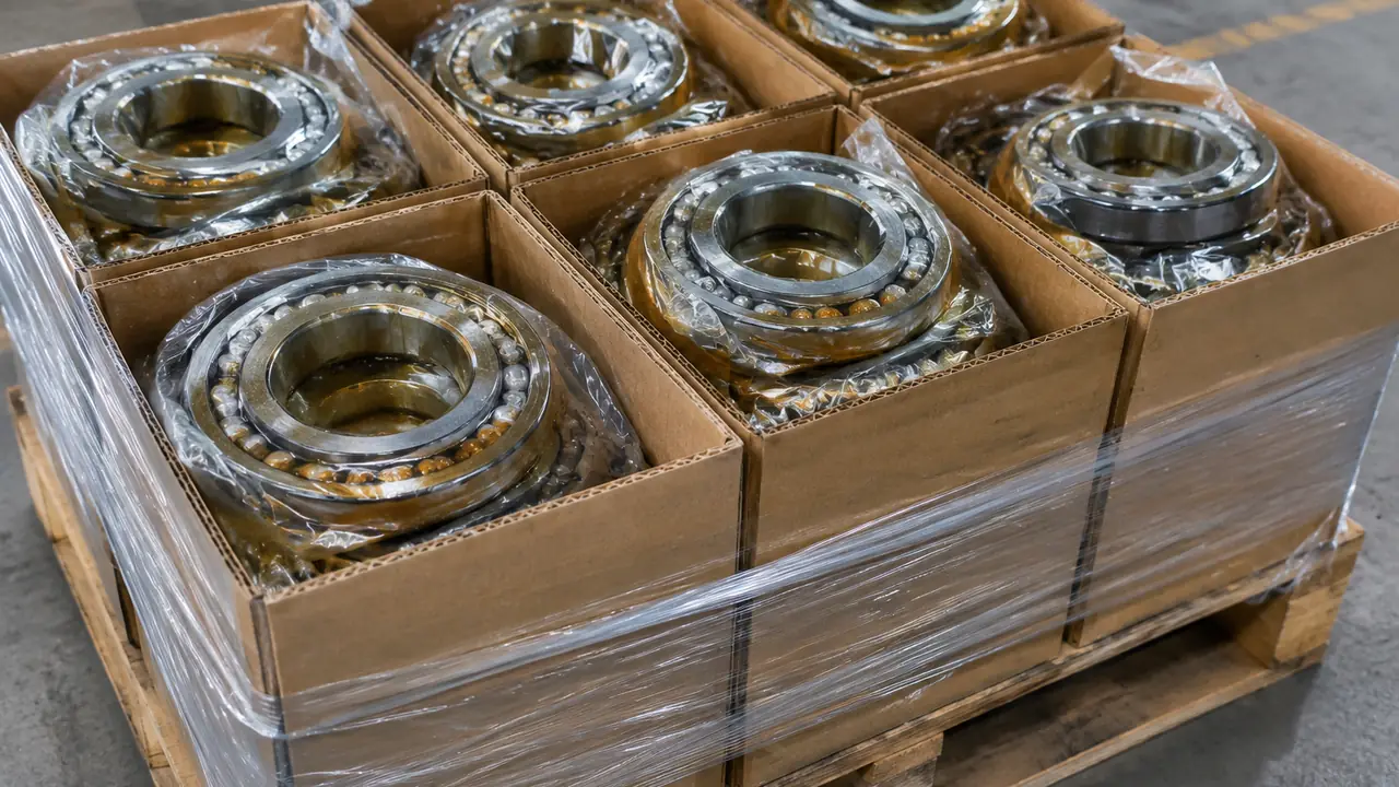 Bearings with anti-rust oil in VCI bags, individual boxes and cartons stacked on a wooden pallet ready for export