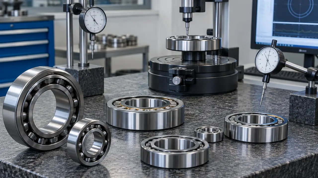 Quality inspector checking bearing dimensions and rotation at an inspection bench