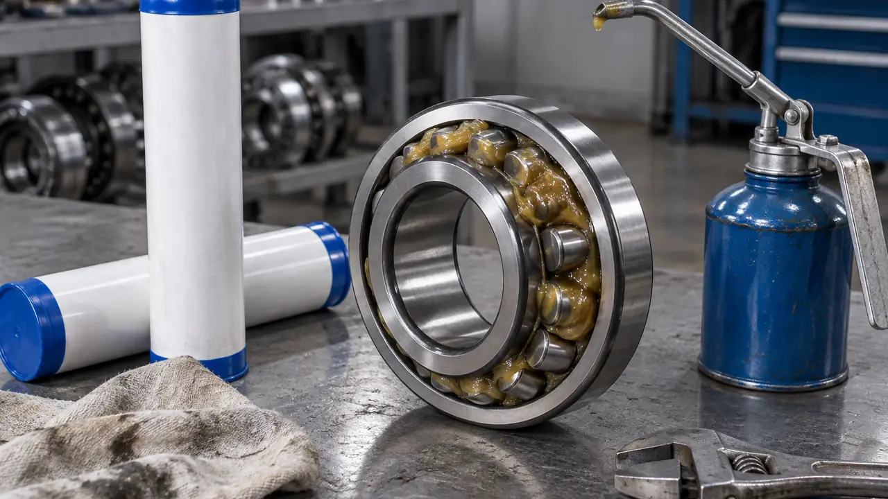 Greasing a bearing housing with a grease gun through a grease nipple during bearing lubrication