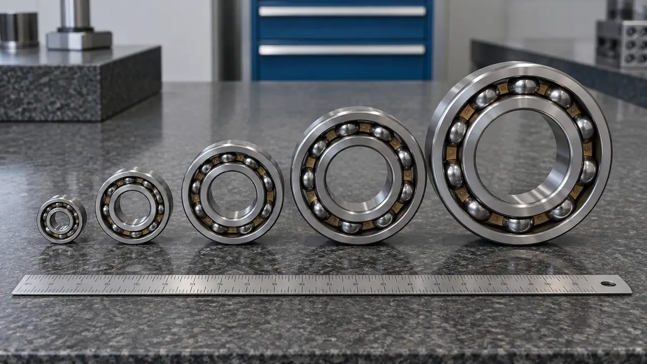Bearing size chart with vernier caliper measuring bore, outside diameter and width of a ball bearing
