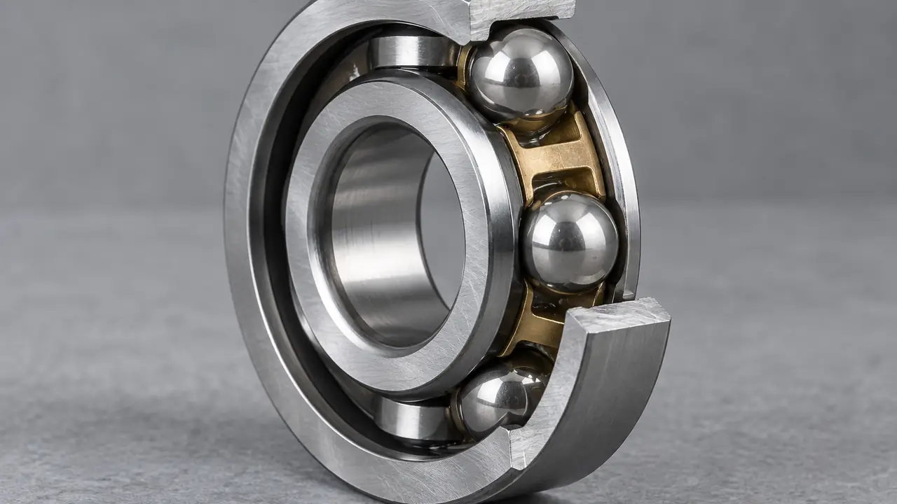 Cutaway view of a rolling bearing showing inner ring, outer ring, rolling elements and cage