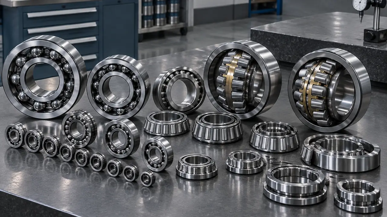 Rows of ball and roller bearings on a dark steel inspection bench with a dial indicator