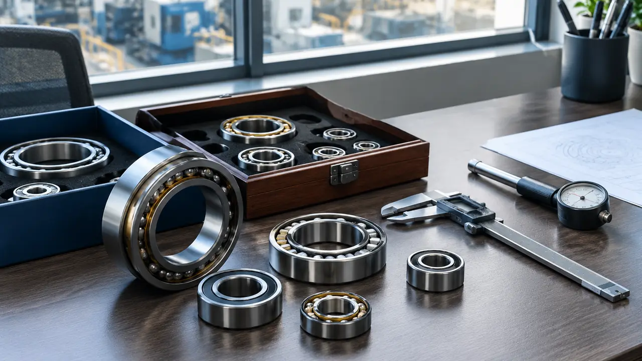 Sourcing desk with bearing samples, a caliper and drawings laid out beside a laptop