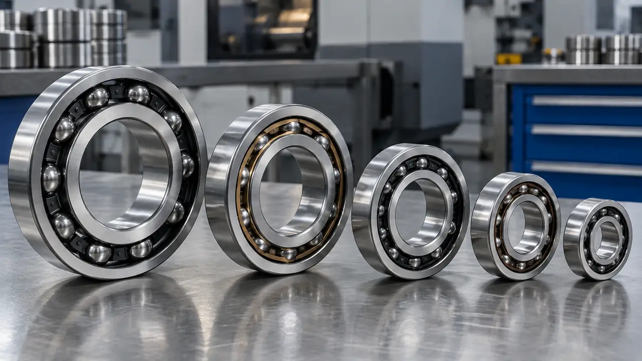 Assorted ball bearings including deep groove, angular contact and thrust types on a bench
