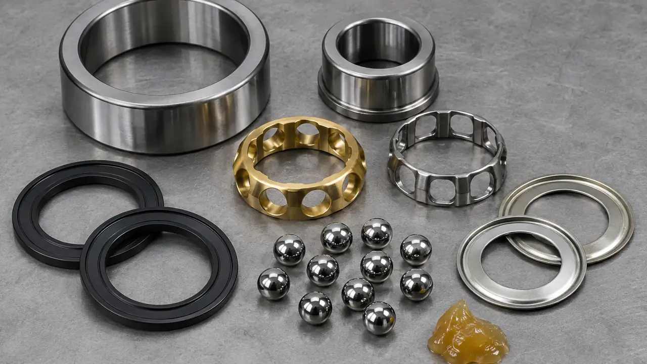 Disassembled bearing parts laid out: inner ring, outer ring, steel balls and a cage on a bench