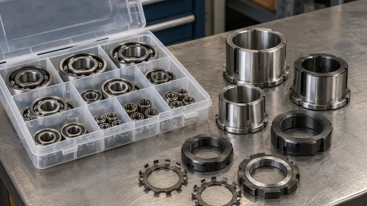 Bearing kits and accessories including adapter sleeves, lock nuts and washers laid out beside boxed bearings