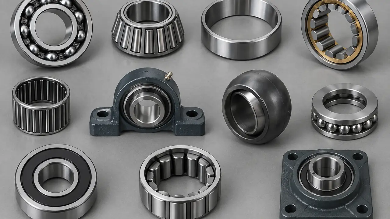 Ball bearings, roller bearings and bearing components laid out in rows on a steel bench