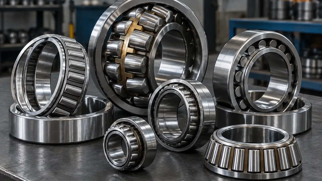 Group of roller bearings: cylindrical, tapered, spherical roller and needle bearings on a bench