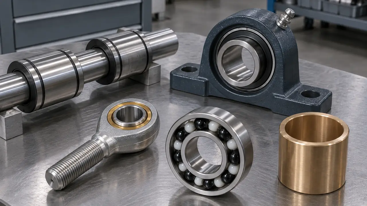 Specialty bearings including a linear bushing, a spherical plain bearing and a pillow block unit on a bench