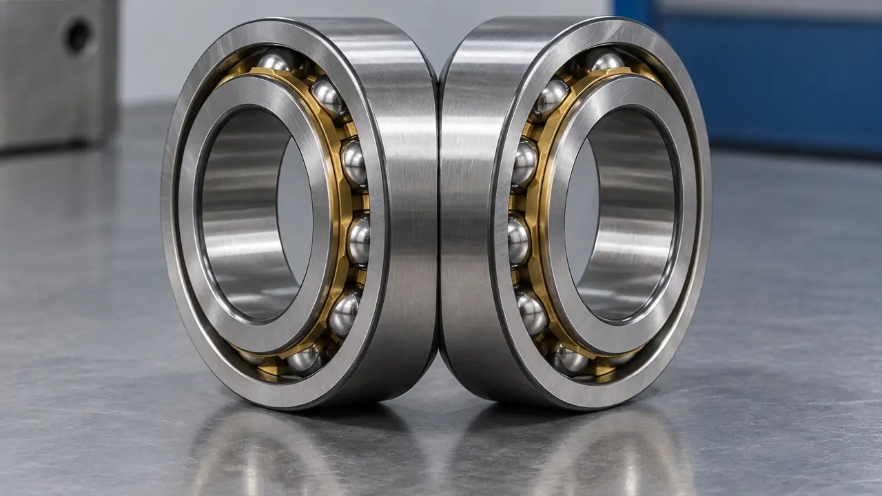 Angular contact ball bearing showing the offset raceway shoulders and brass cage
