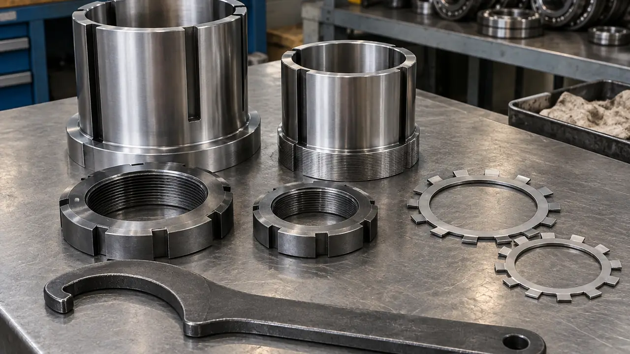 Bearing adapter sleeve, KM lock nut and MB lock washer set shown next to a tapered bore spherical roller bearing
