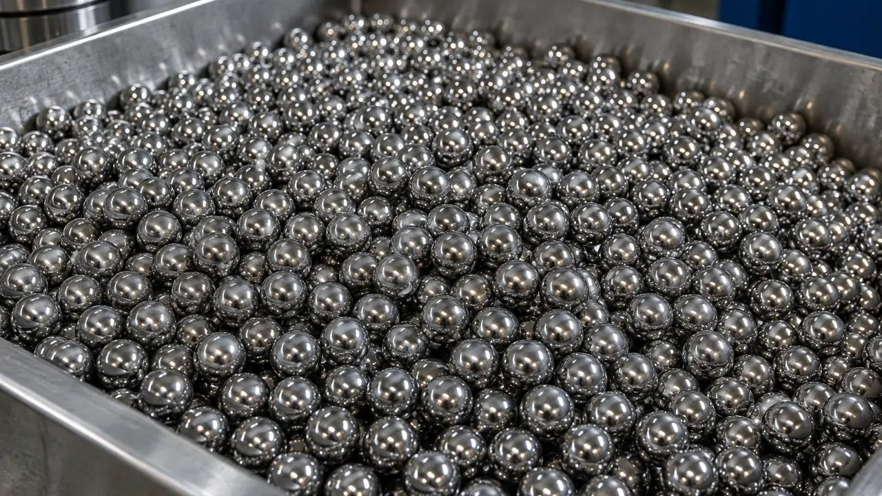 Polished chrome steel bearing balls in a tray beside stainless and ceramic balls of the same diameter