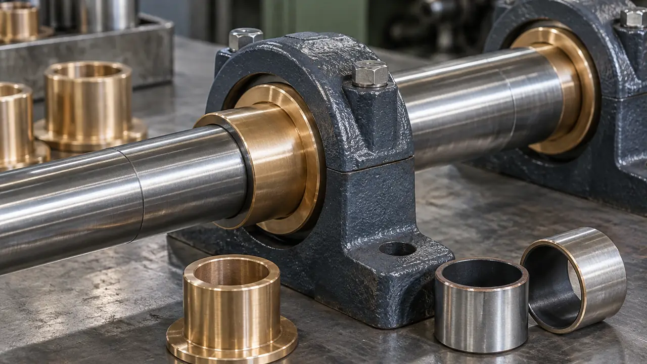 Assorted bearing bushings including bronze sleeve, flanged and PTFE composite types on a workshop bench