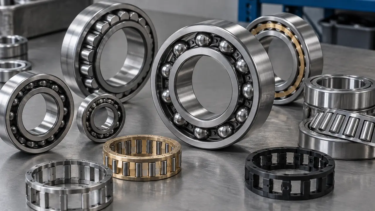 Bearing cages in pressed steel, brass and glass-fibre nylon beside a deep groove ball bearing