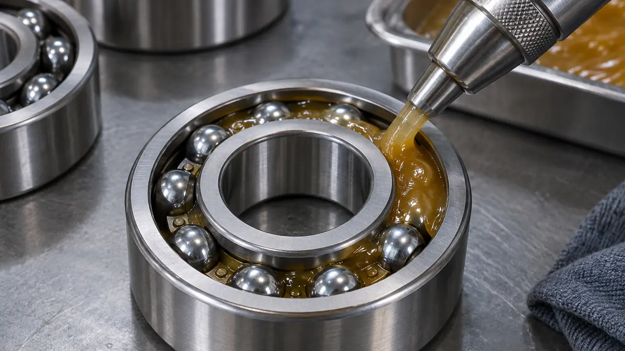 Open bearing packed with bearing grease beside a grease cartridge and a sealed ball bearing