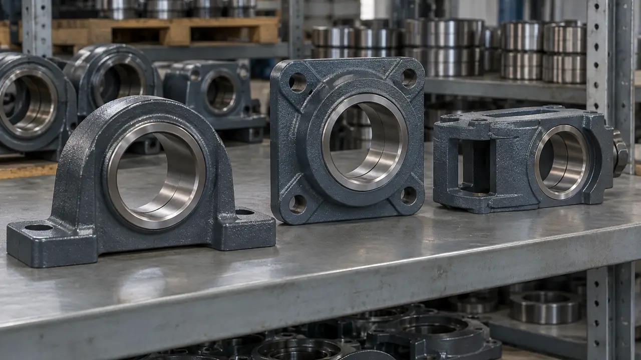 Cast iron bearing housings in pillow block and flange forms with a split plummer block housing on a bench