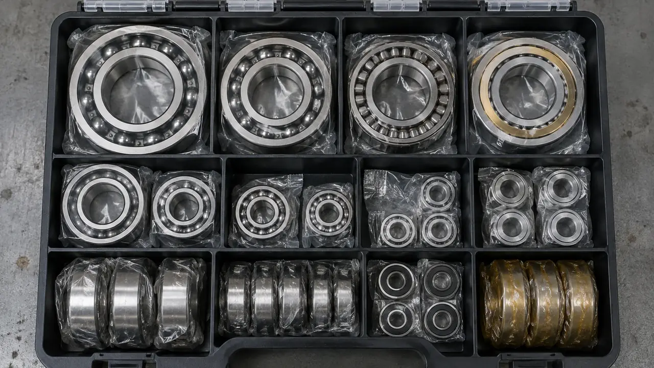Bearing assortment kit with a tray of deep groove bearings, seals and circlips in a labelled box
