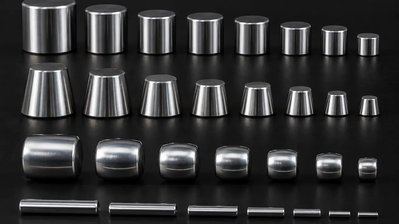 Cylindrical, tapered, barrel-shaped and needle bearing rollers laid out in rows on a flat surface