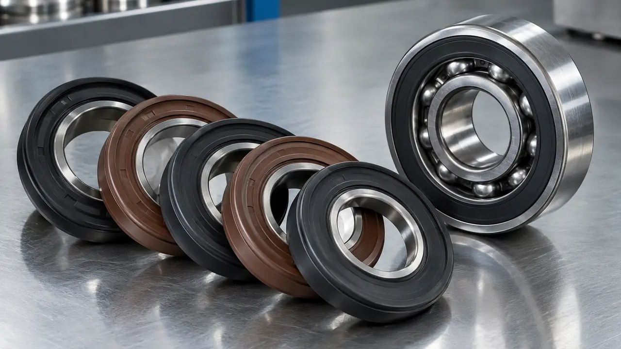 Bearing seal with steel insert and rubber lip beside a sealed ball bearing showing the 2RS seal face