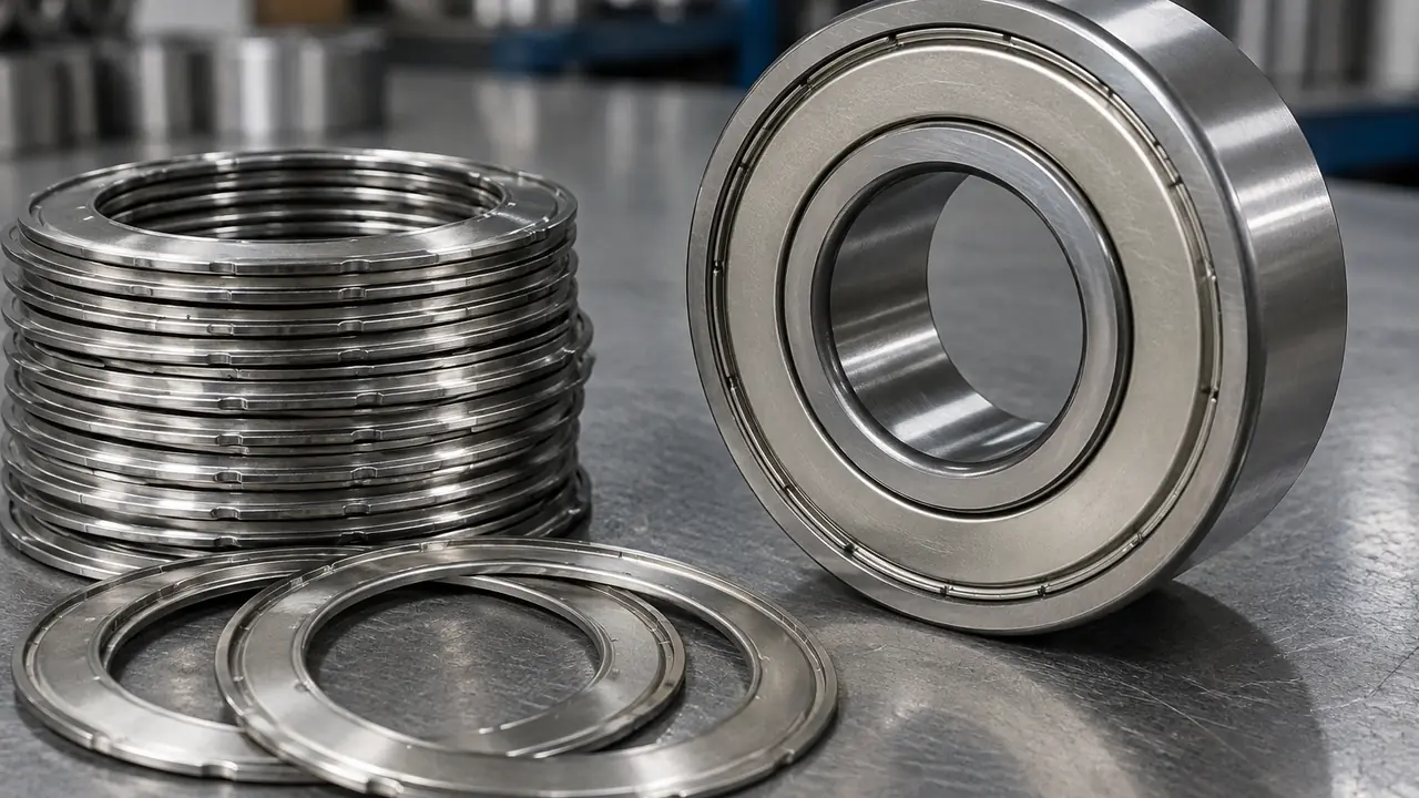 Metal shielded ball bearing with pressed steel ZZ dust cover next to an open bearing without covers