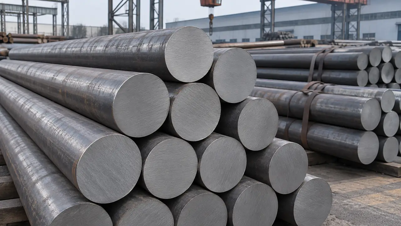 Round bars and tube sections of bearing steel stacked beside finished bearing rings