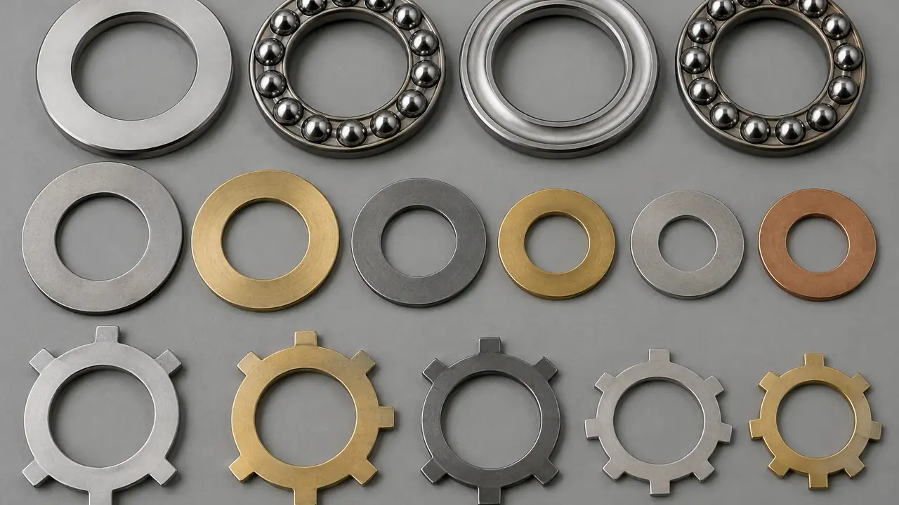 Flat steel thrust washers and bronze thrust washer stacked beside a thrust ball bearing with its rings separated