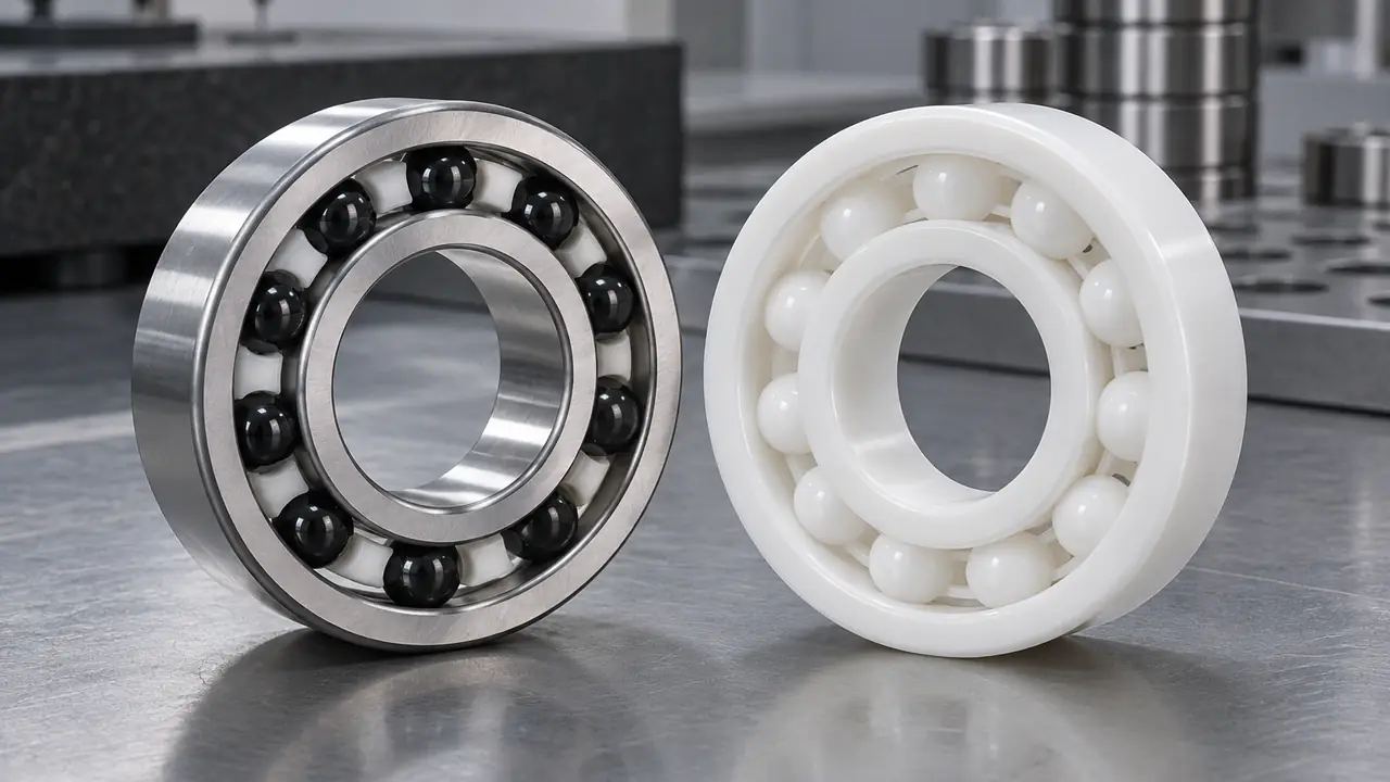 Hybrid ceramic bearing with white silicon nitride balls and a full ceramic bearing shown side by side