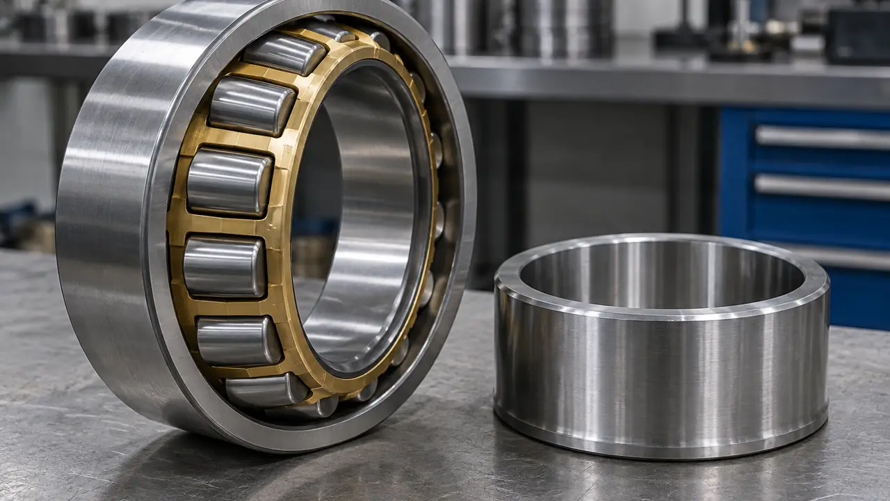 Cylindrical roller bearing with brass cage and separated outer ring showing straight rollers