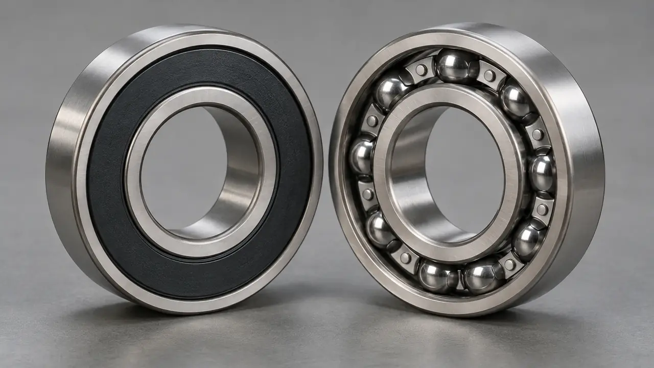 Sealed deep groove ball bearing beside an open one showing steel balls in a stamped cage