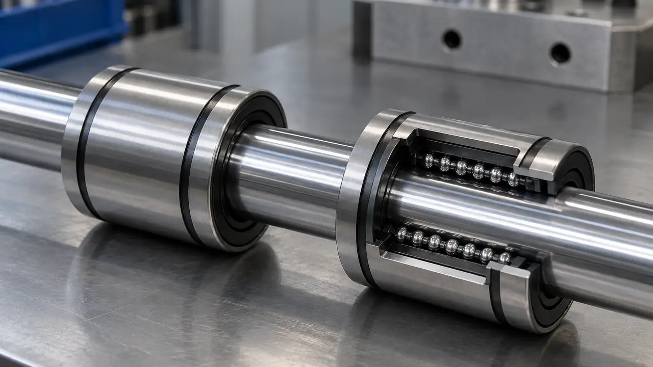 LM-UU linear ball bearing with rubber seals on a polished steel shaft beside a flanged linear bushing