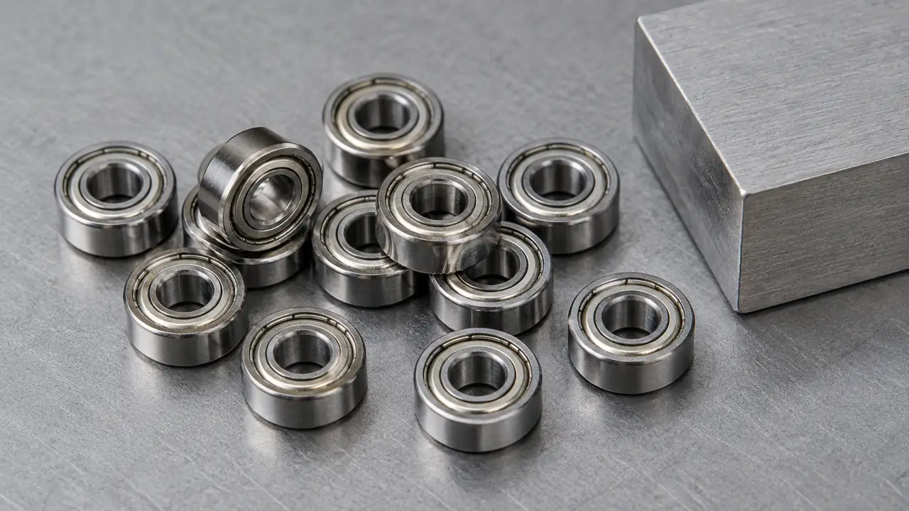 Group of miniature ball bearings with metal shields beside a ruler to show small bore sizes