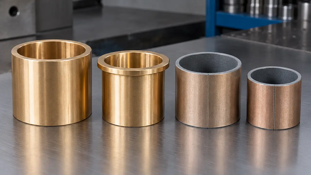Plain bearing sleeve bushings in bronze, sintered and PTFE composite shown with a flanged bush and thrust washer