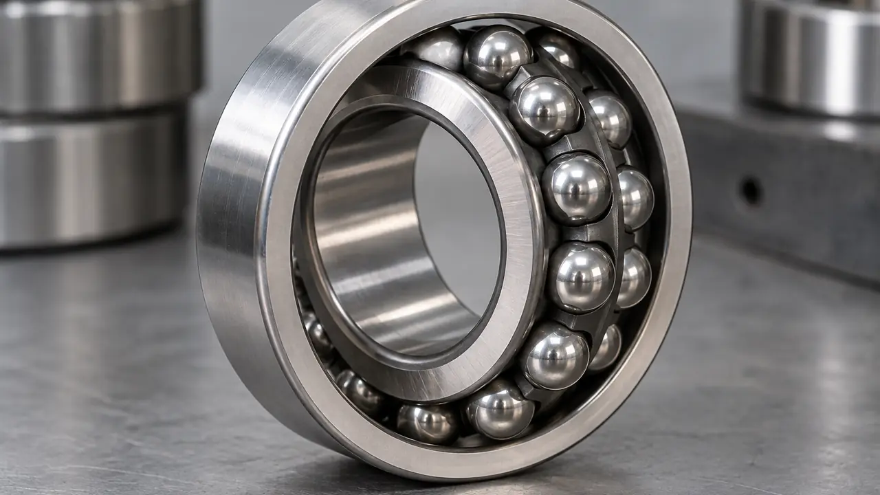 Self-aligning ball bearing showing two rows of balls and the spherical outer ring raceway