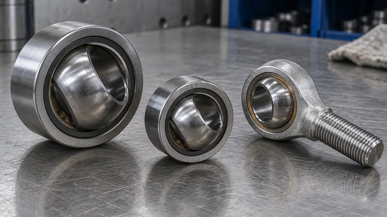 GE series spherical plain bearing and a female rod end shown with the ball sliding in the outer ring