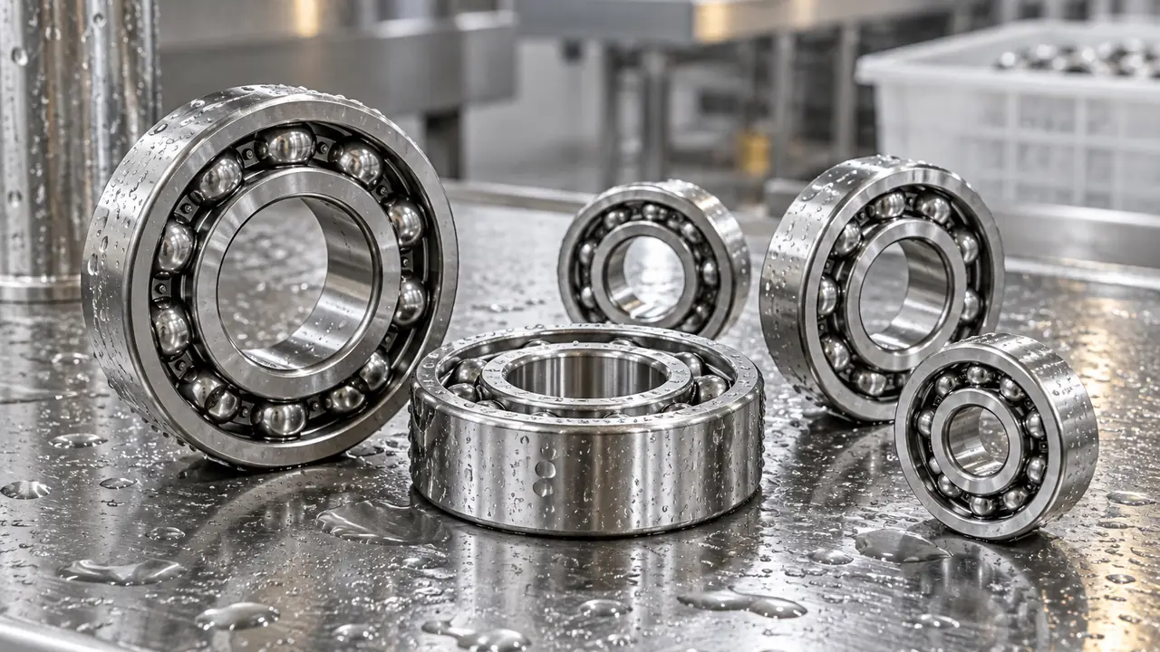 Stainless steel deep groove ball bearing with seals shown next to a washdown conveyor component