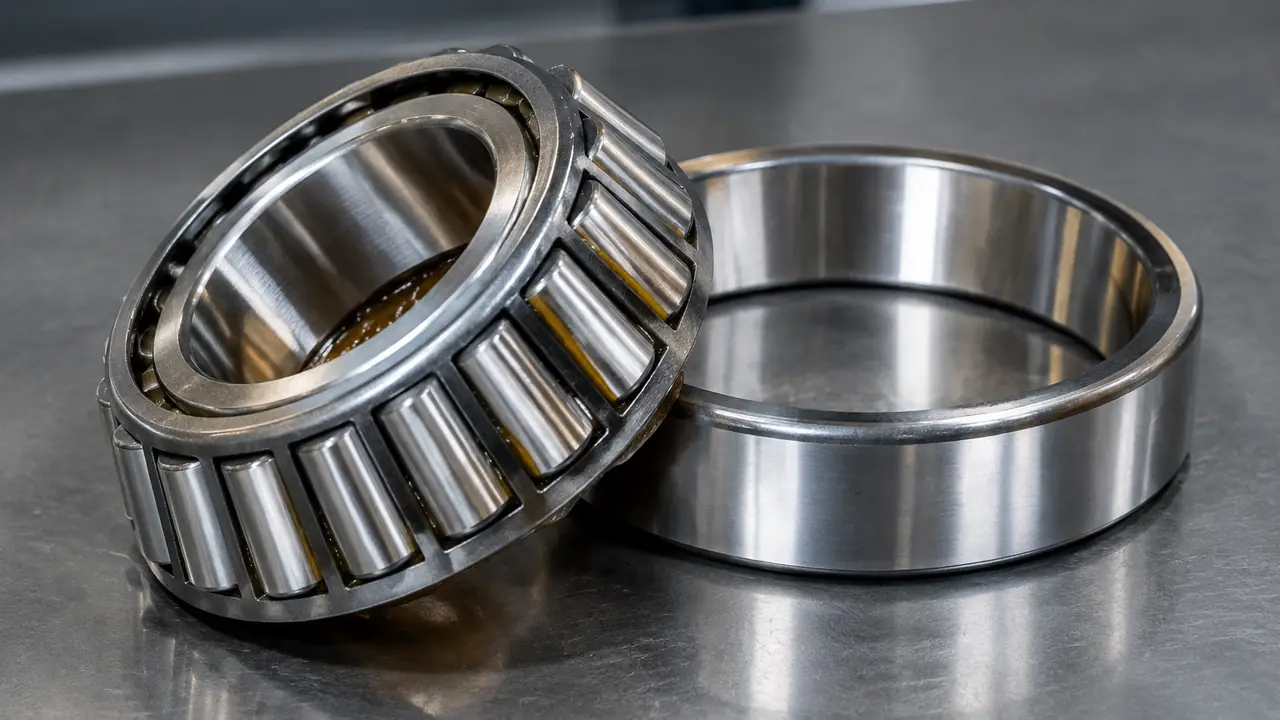 Tapered roller bearing separated into cone with rollers and cup showing the angled raceways