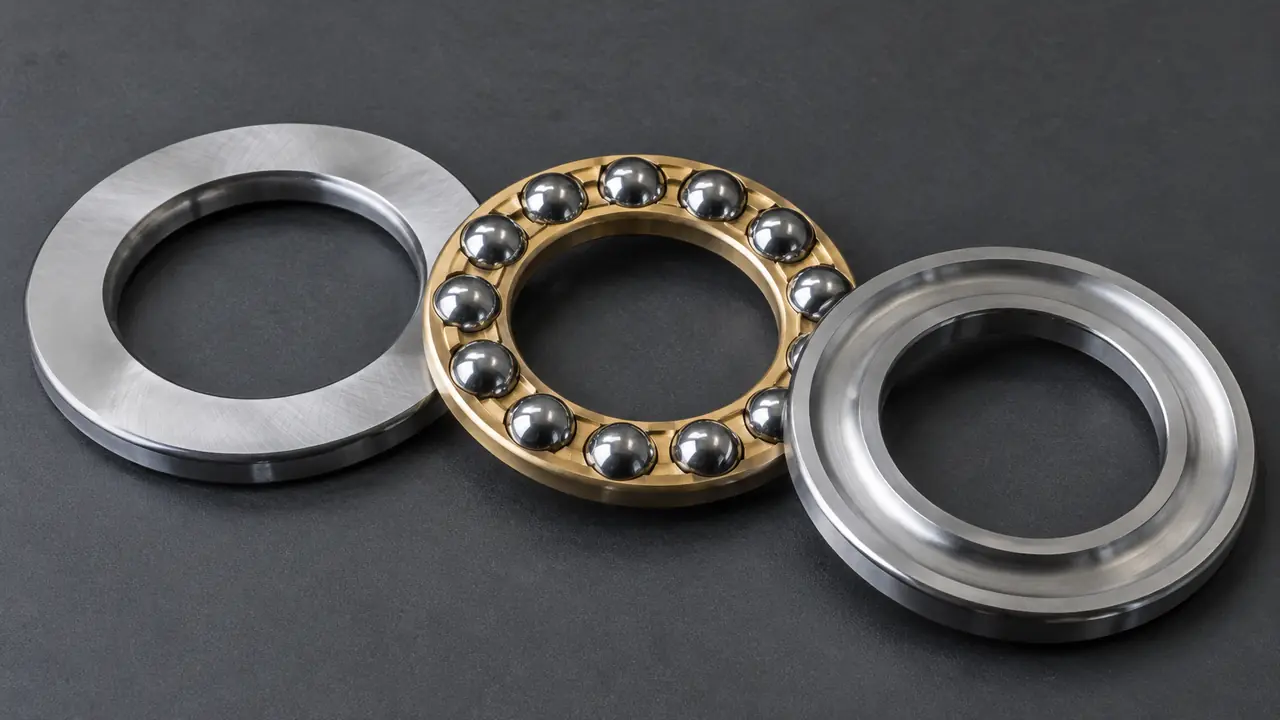 Thrust ball bearing with two flat washers and a ball and cage assembly between them