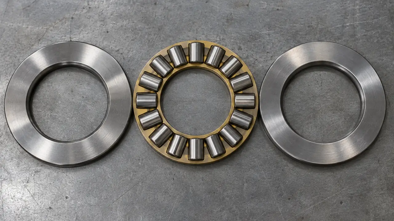 Cylindrical roller thrust bearing with flat washers and a brass cage holding radial rollers