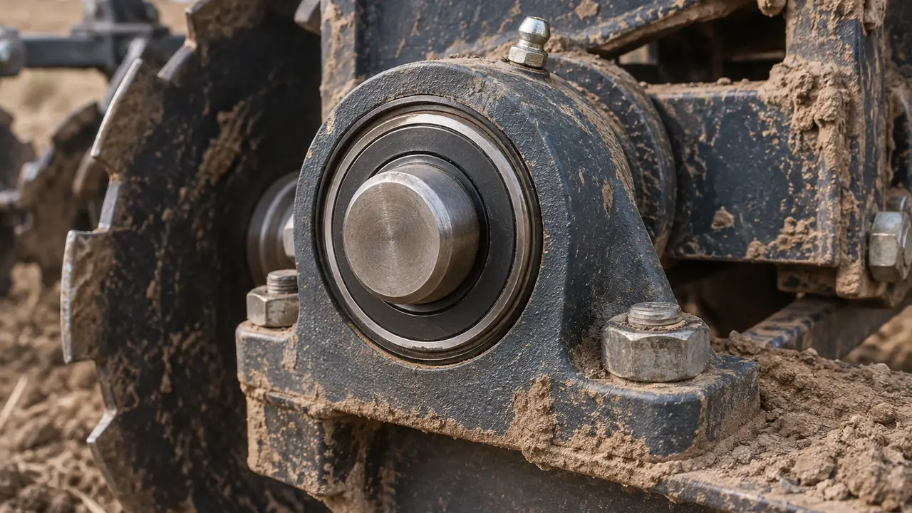 Wear-resistant bearing with multi-lip seal and flinger shown beside a farm implement with mud and dust