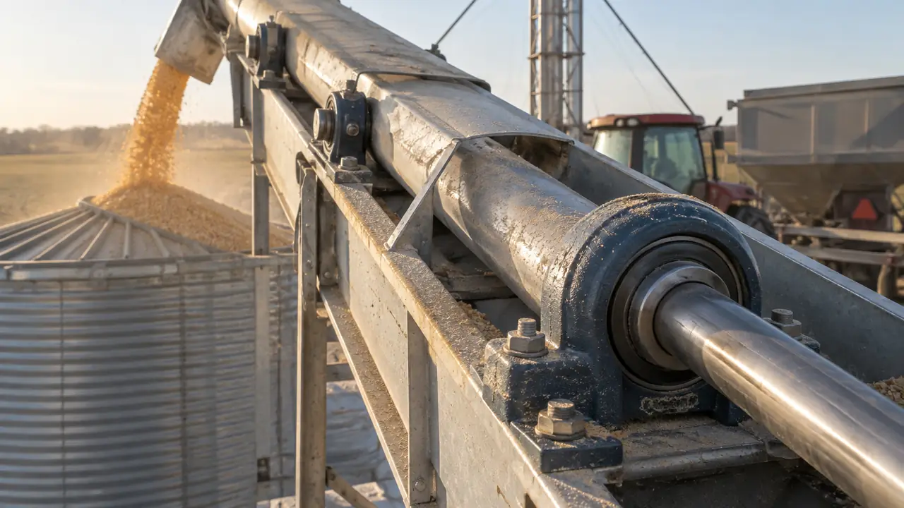 Pillow block bearing units mounted on a conveyor frame and a harrow shaft in a dusty field setting