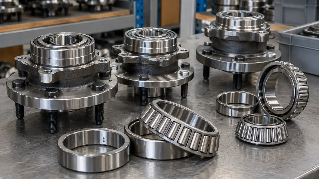 Wheel hub bearing unit and tapered roller cone and cup set laid out on a workshop bench