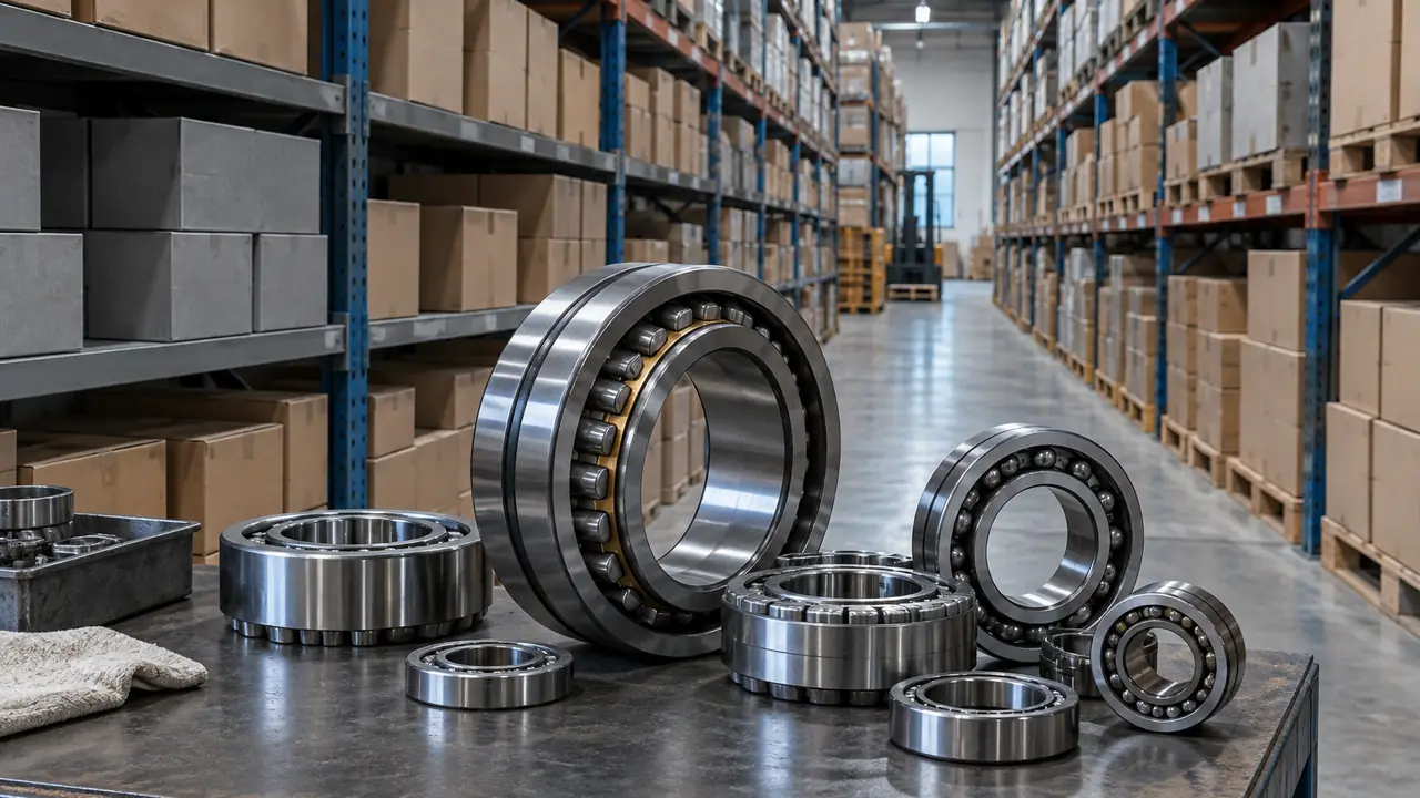 Shelves of boxed bearings with printed labels in a distributor warehouse, sorted by designation